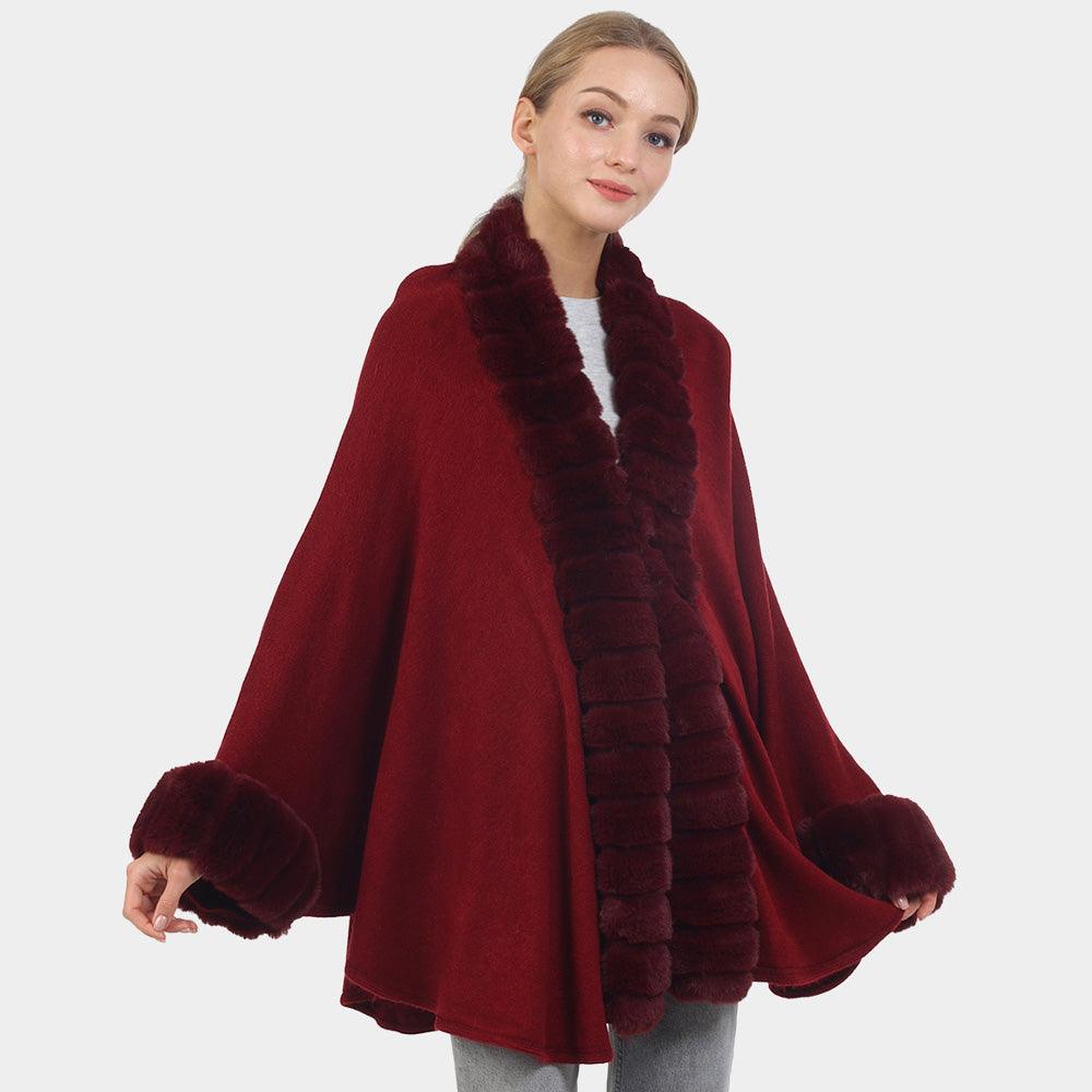 Burgundy Faux Fur Trimmed Solid Long Shawl Poncho Cape