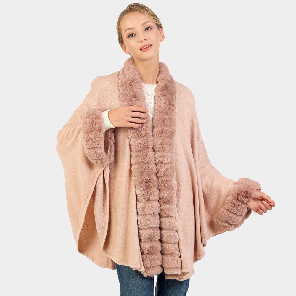 Pink Faux Fur Trimmed Solid Long Shawl Poncho Cape