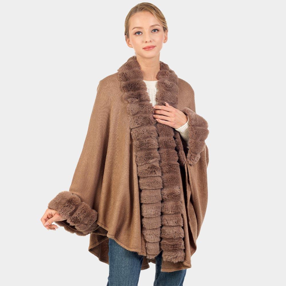 Taupe Faux Fur Trimmed Solid Long Shawl Poncho Cape - Jewelry Store by Erik Rayo