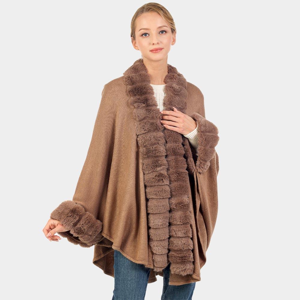 Taupe Faux Fur Trimmed Solid Long Shawl Poncho Cape