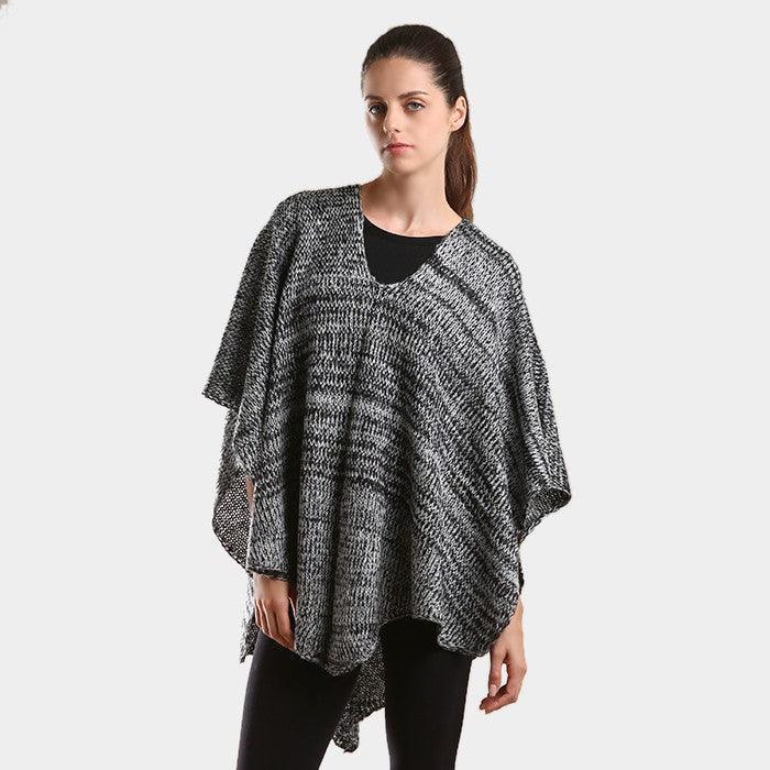 Black Two tone knit V- neck poncho - Jewelry Store by Erik Rayo