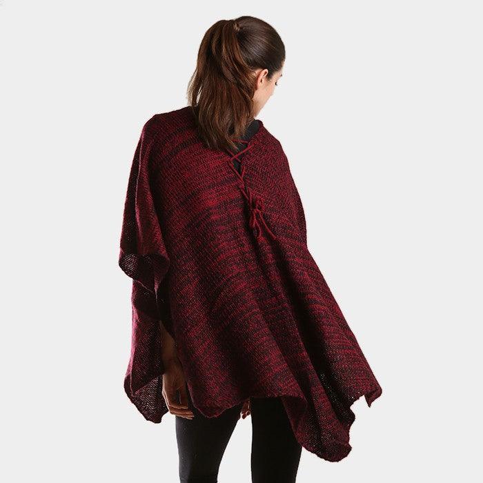 Burgundy Two tone knit V- neck poncho - Jewelry Store by Erik Rayo