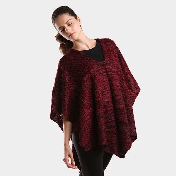 Burgundy Two tone knit V- neck poncho - Jewelry Store by Erik Rayo