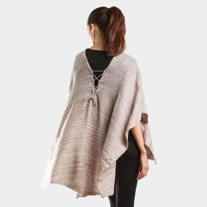 Taupe Two tone knit V- neck poncho - Jewelry Store by Erik Rayo