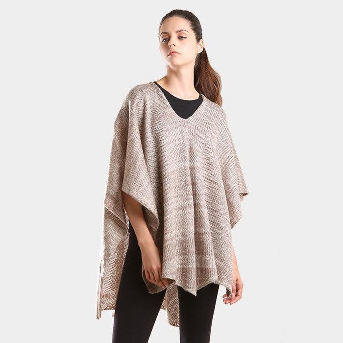 Taupe Two tone knit V- neck poncho - Jewelry Store by Erik Rayo