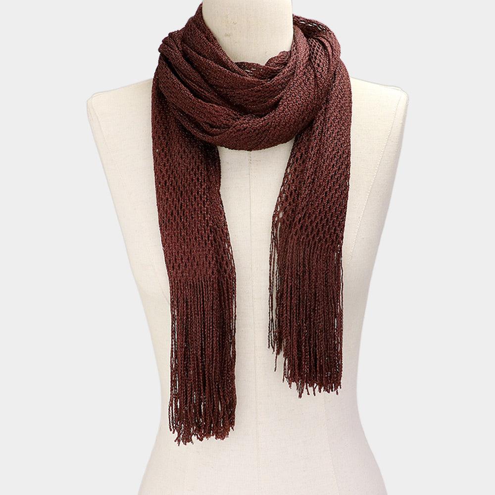 Brown Metallic Net  Fringe Oblong Scarf