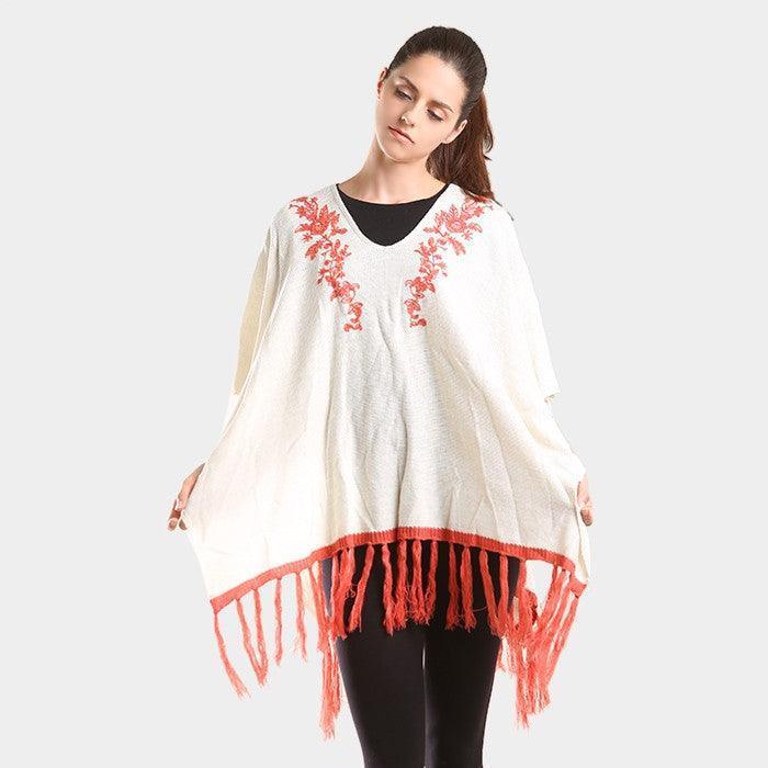 Embroidered flower vine & tassel poncho sweater - Jewelry Store by Erik Rayo