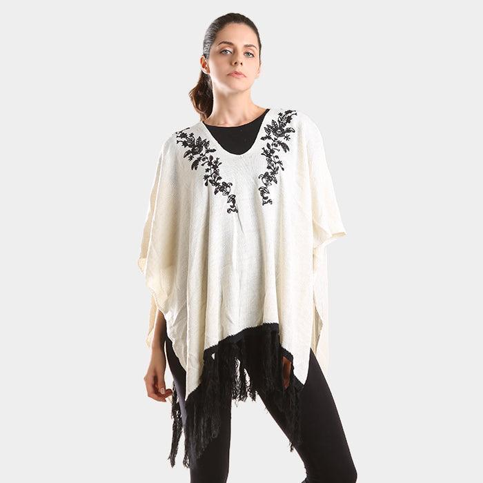 Black Embroidered flower vine & tassel poncho sweater - Jewelry Store by Erik Rayo