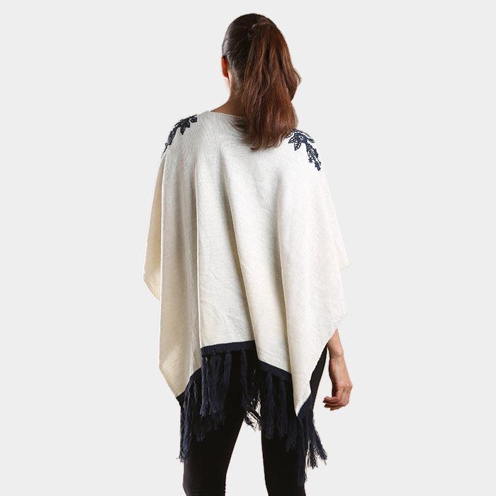 Navy Embroidered flower vine & tassel poncho sweater - Jewelry Store by Erik Rayo