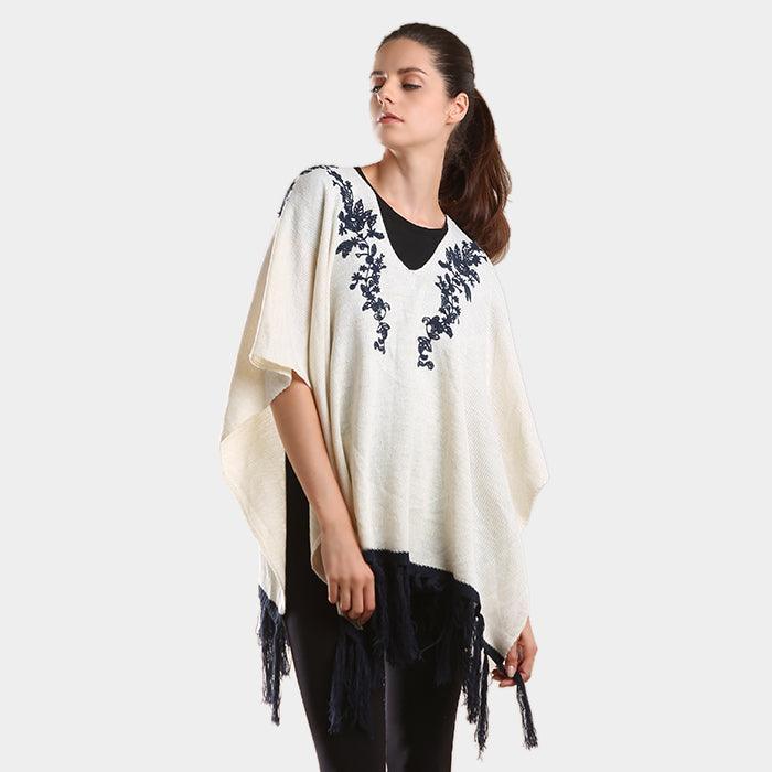 Navy Embroidered flower vine & tassel poncho sweater - Jewelry Store by Erik Rayo