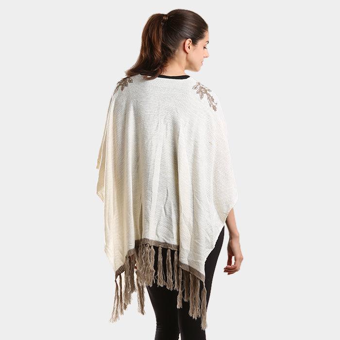 Taupe Embroidered flower vine & tassel poncho sweater - Jewelry Store by Erik Rayo