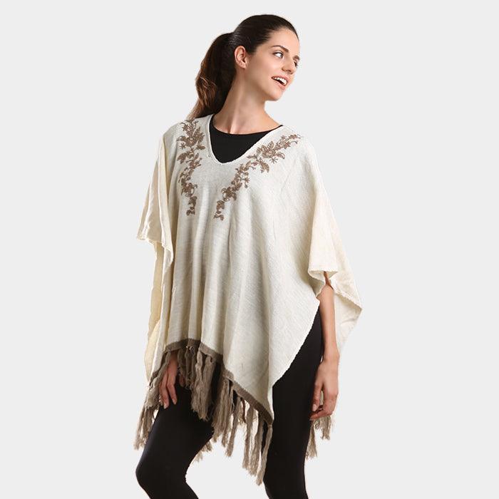 Taupe Embroidered flower vine & tassel poncho sweater - Jewelry Store by Erik Rayo