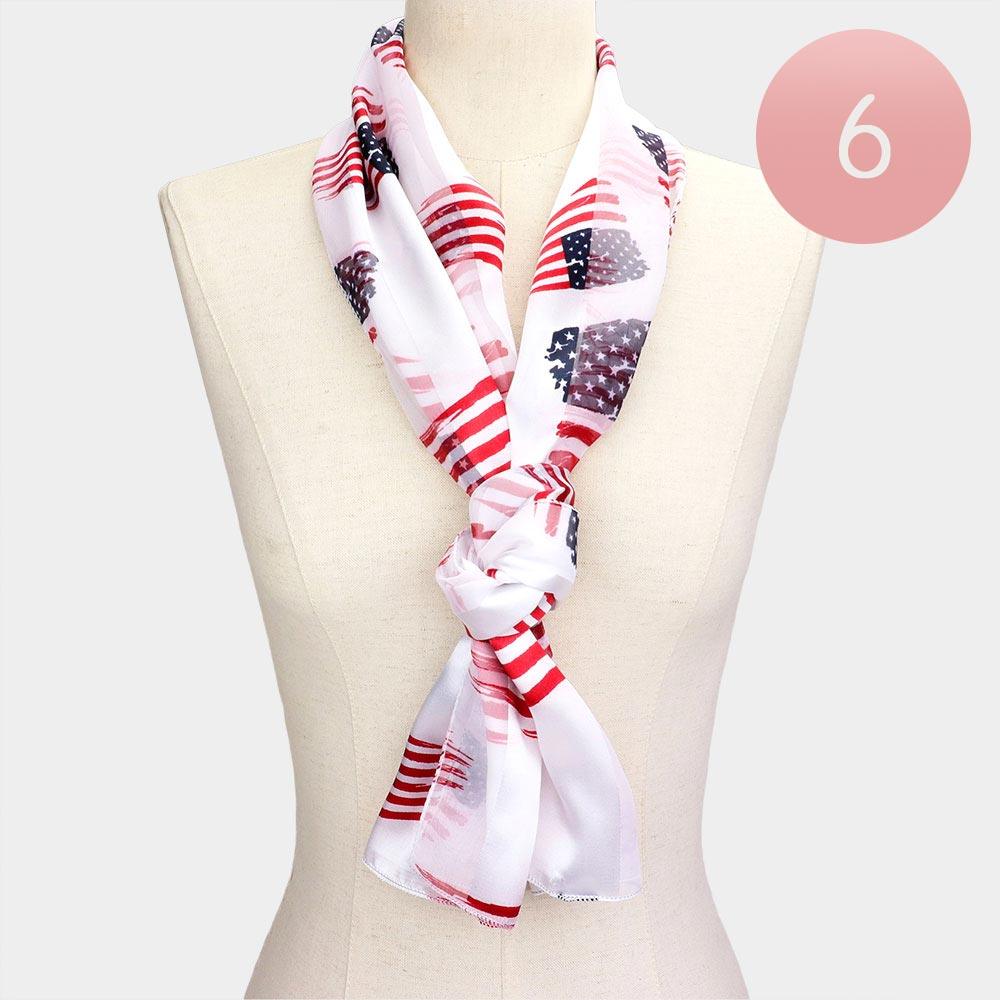 White 6PCS - Satin Striped American Flag Pattern Print Scarf