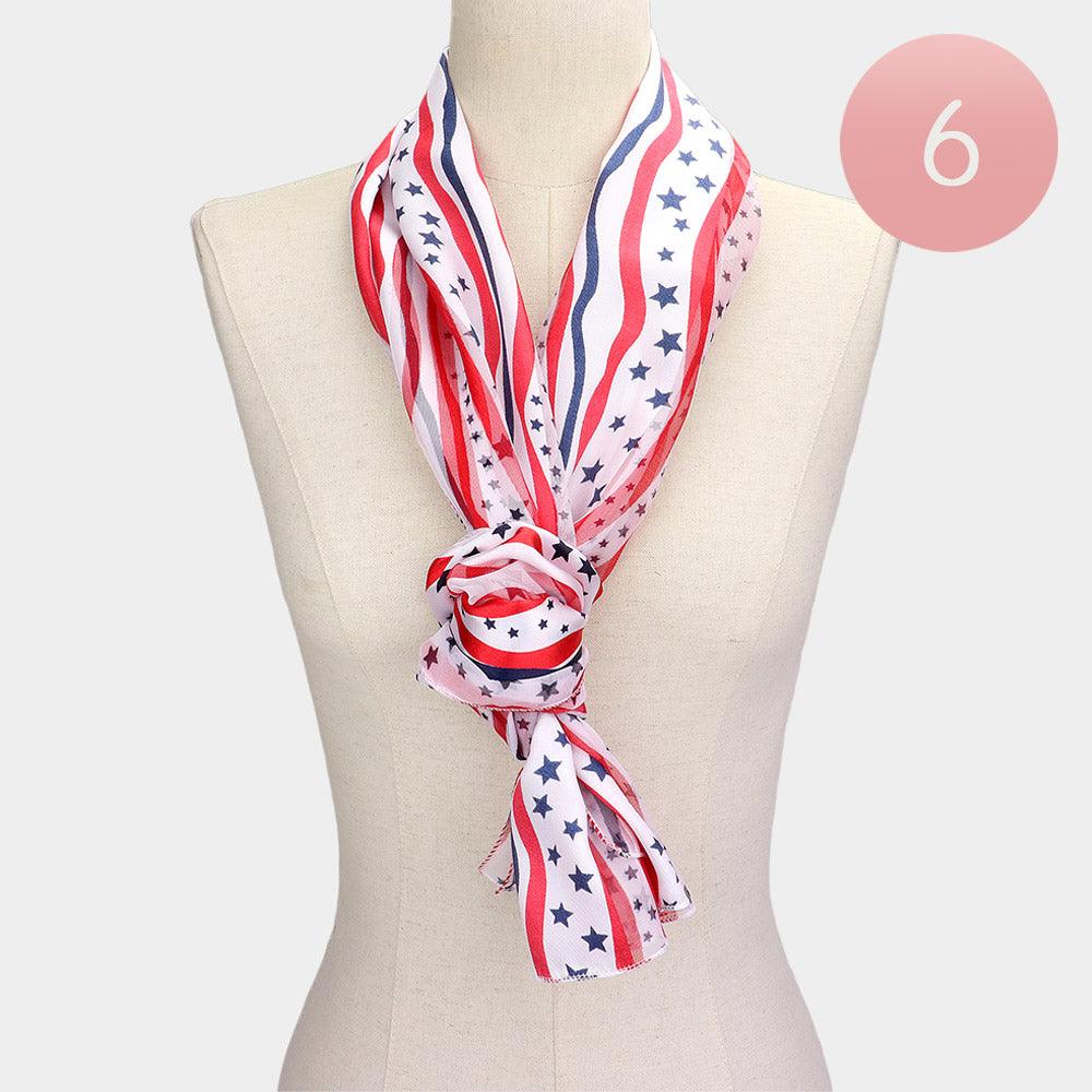 White 6PCS - Satin Striped American Flag Pattern Print Scarf