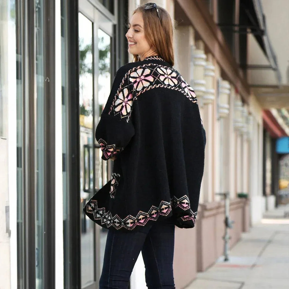 Black Floral Geometric Cardigan Poncho - Jewelry Store by Erik Rayo