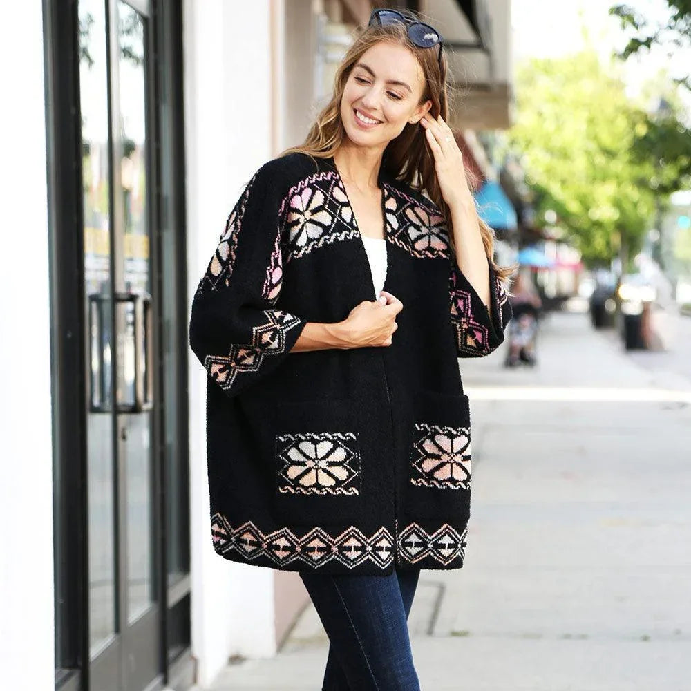 Black Floral Geometric Cardigan Poncho - Jewelry Store by Erik Rayo
