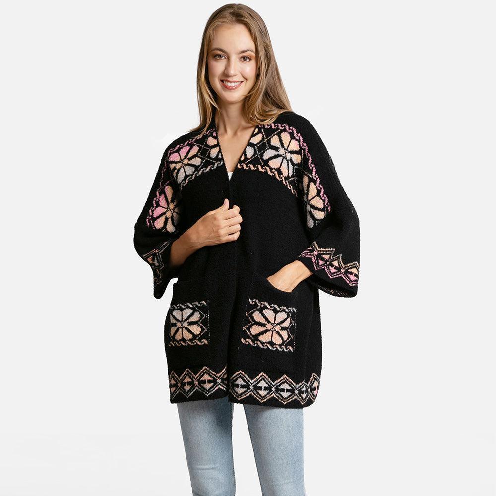 Black Floral Geometric Cardigan Poncho - Jewelry Store by Erik Rayo