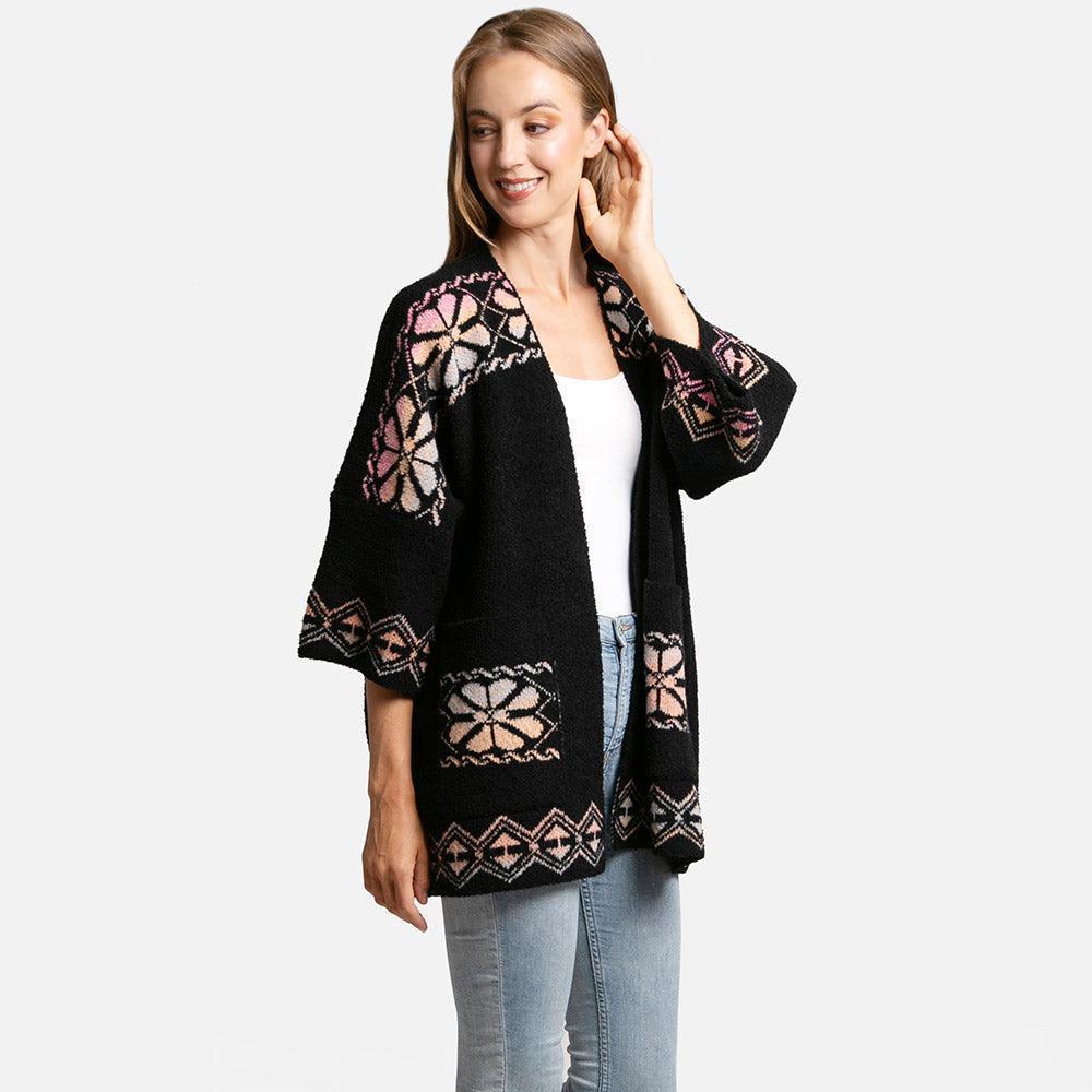 Black Floral Geometric Cardigan Poncho - Jewelry Store by Erik Rayo