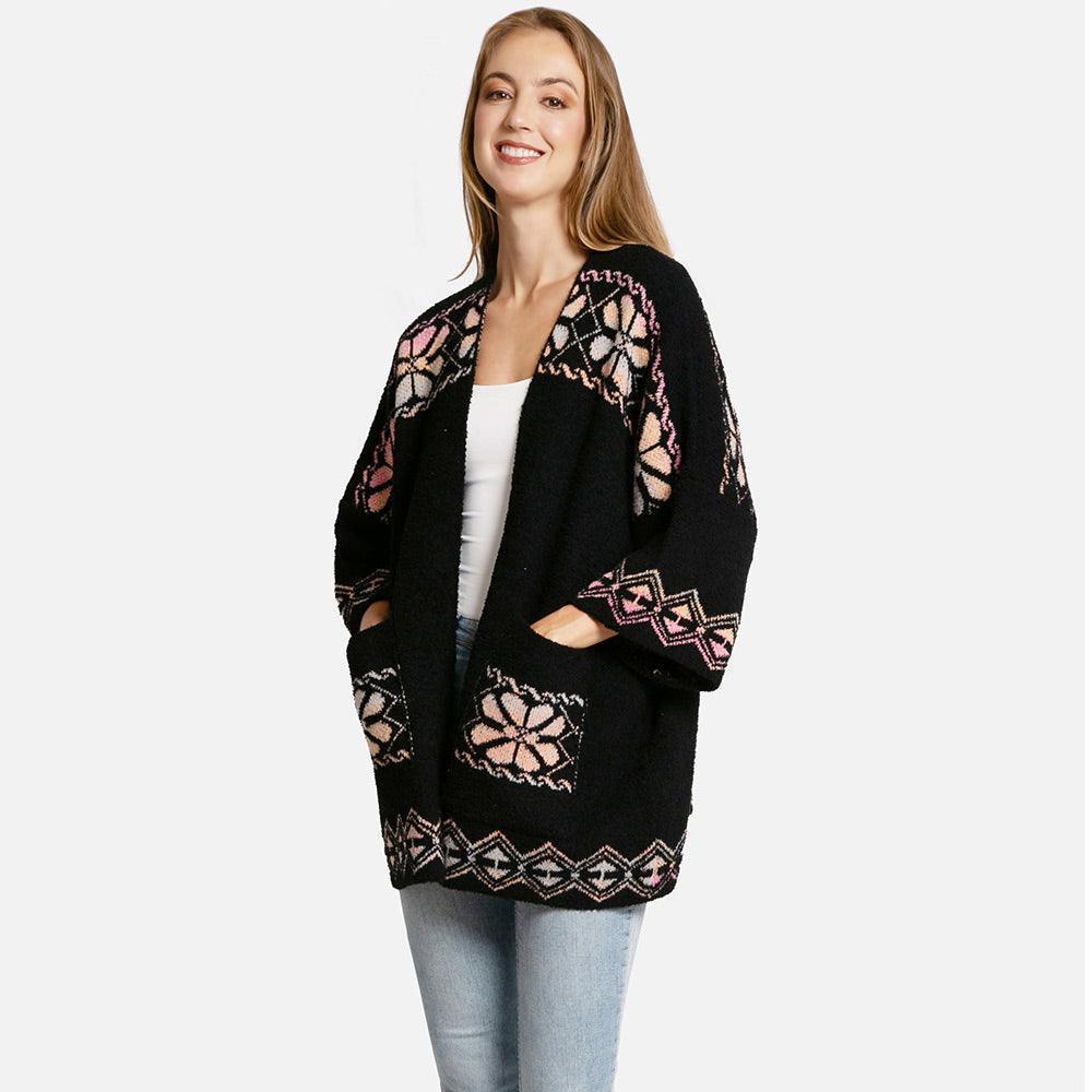 Black Floral Geometric Cardigan Poncho - Jewelry Store by Erik Rayo