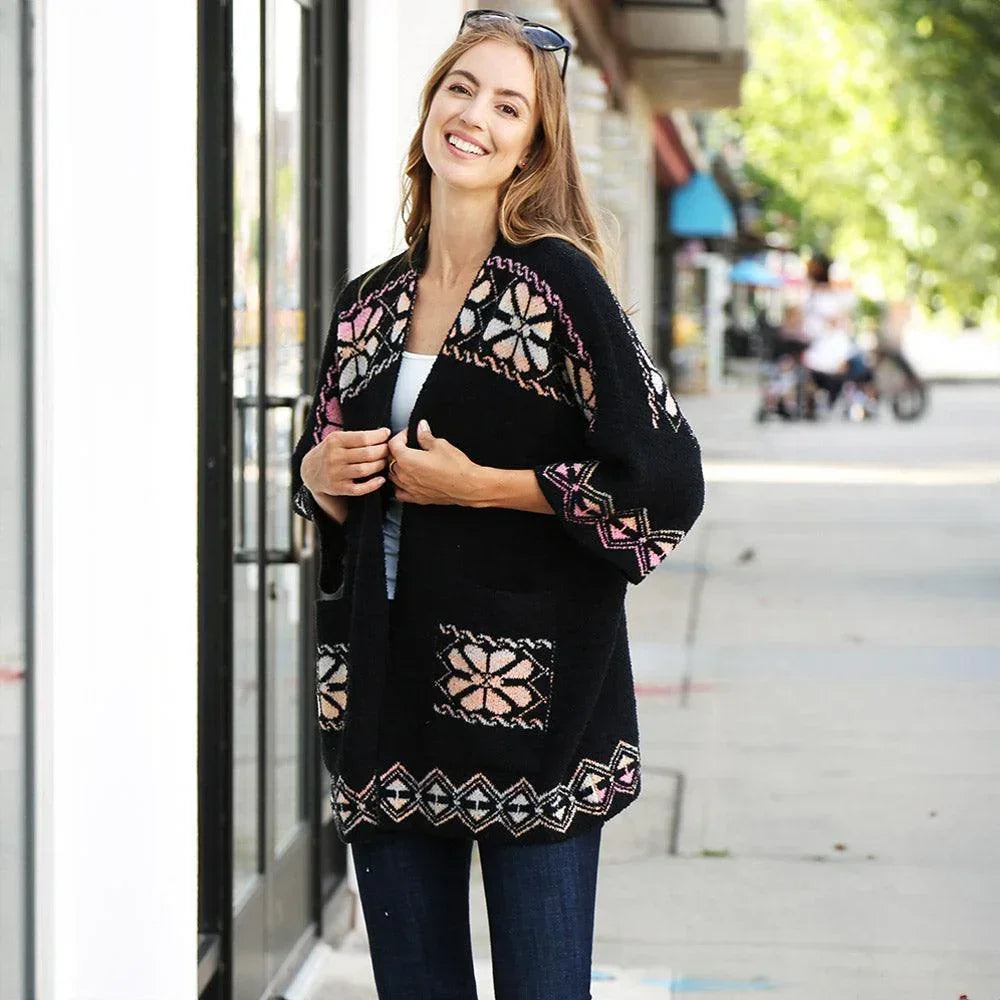 Black Floral Geometric Cardigan Poncho - Jewelry Store by Erik Rayo