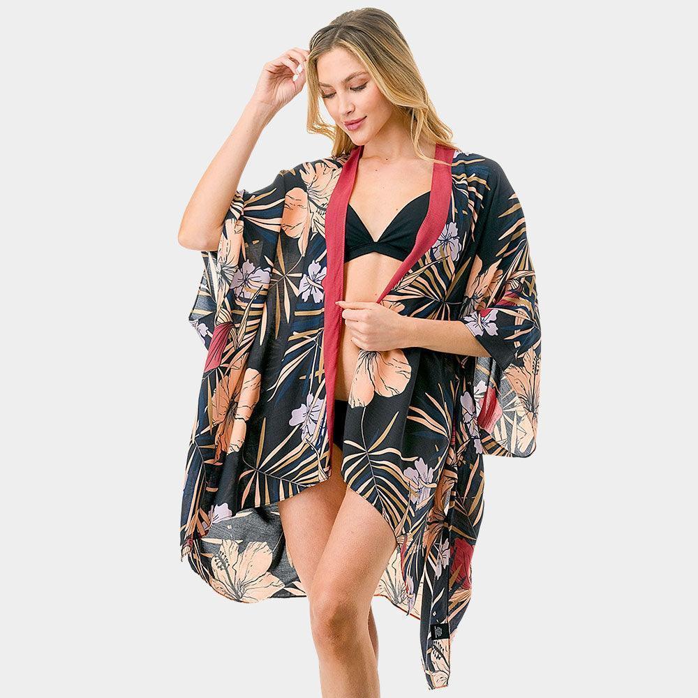 Black Tropical Flower Print Kimono Poncho - Jewelry Store by Erik Rayo