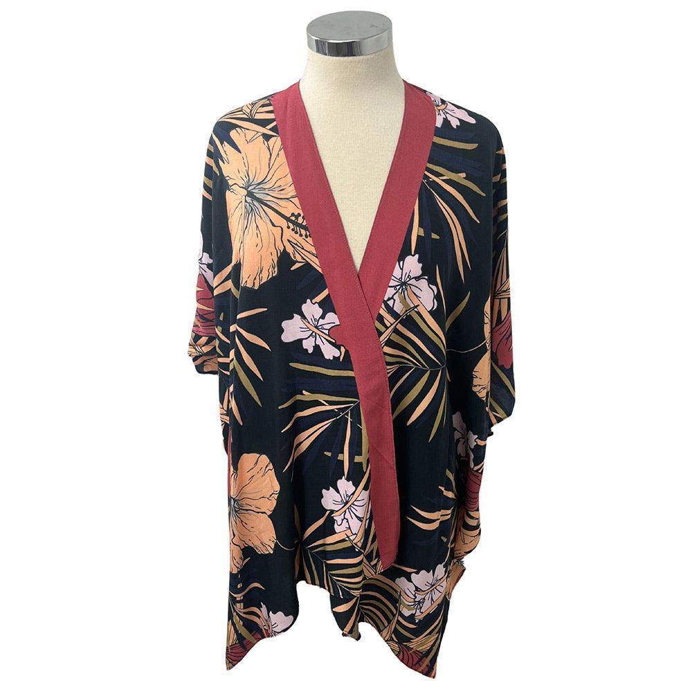Black Tropical Flower Print Kimono Poncho - Jewelry Store by Erik Rayo