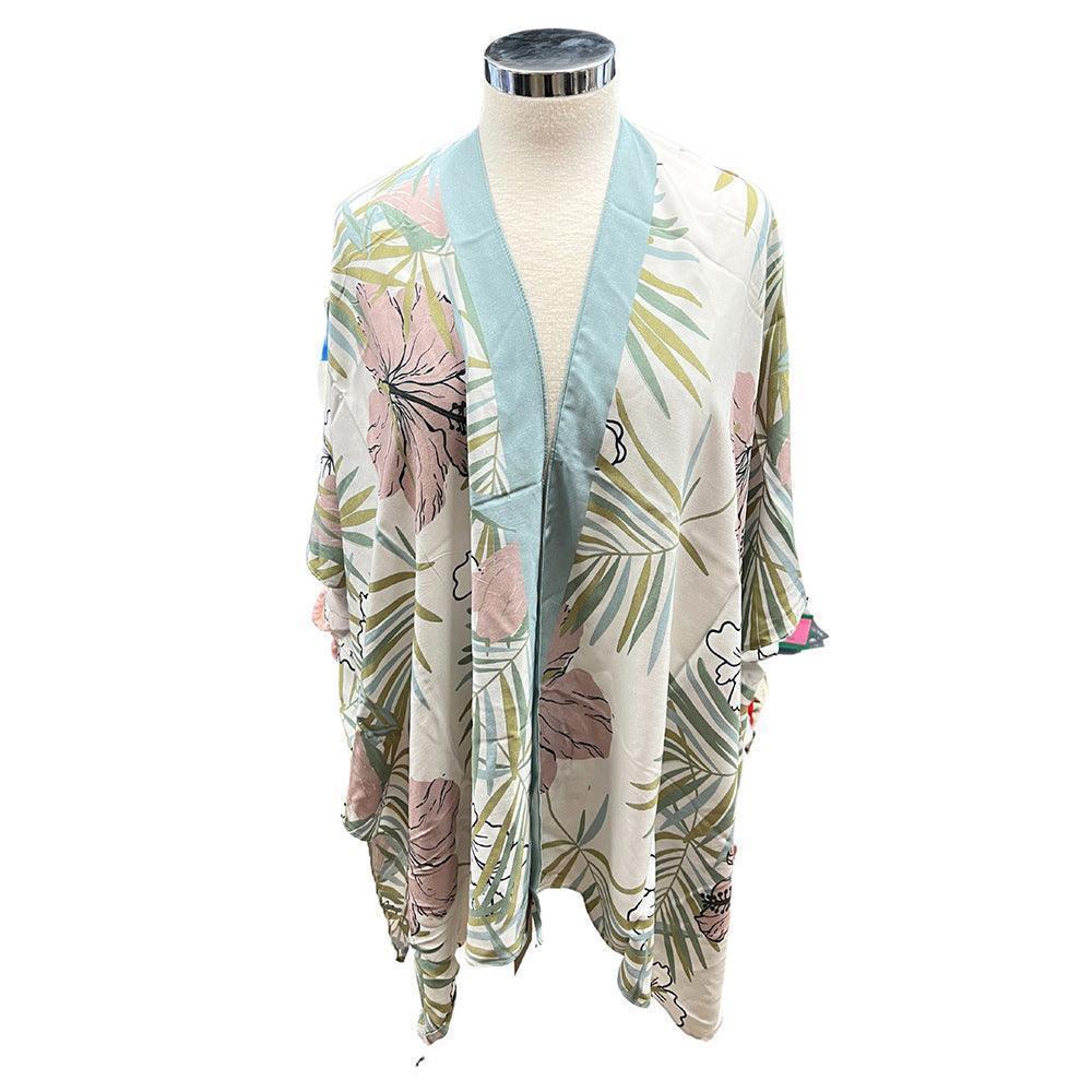 Ivory Tropical Flower Print Kimono Poncho - Jewelry Store by Erik Rayo