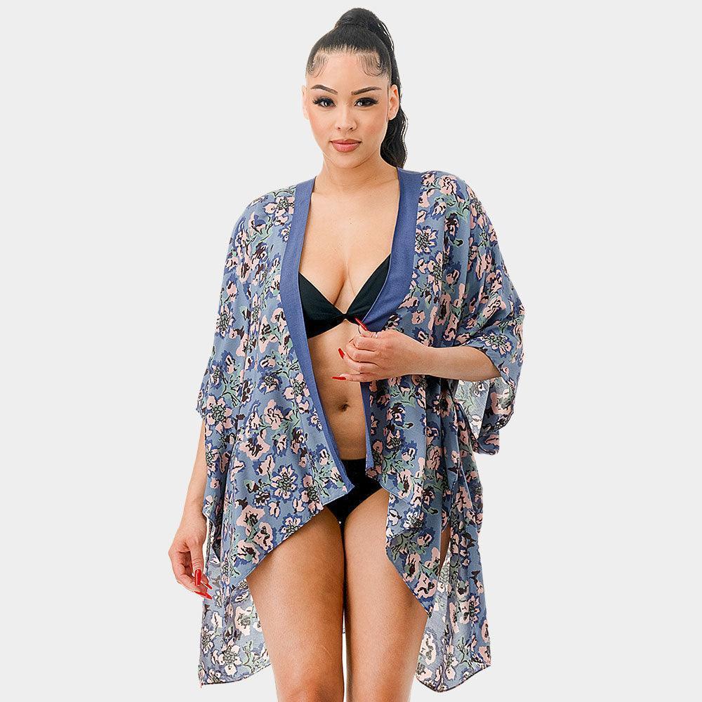 Blue Flower Print Kimono Poncho - Jewelry Store by Erik Rayo