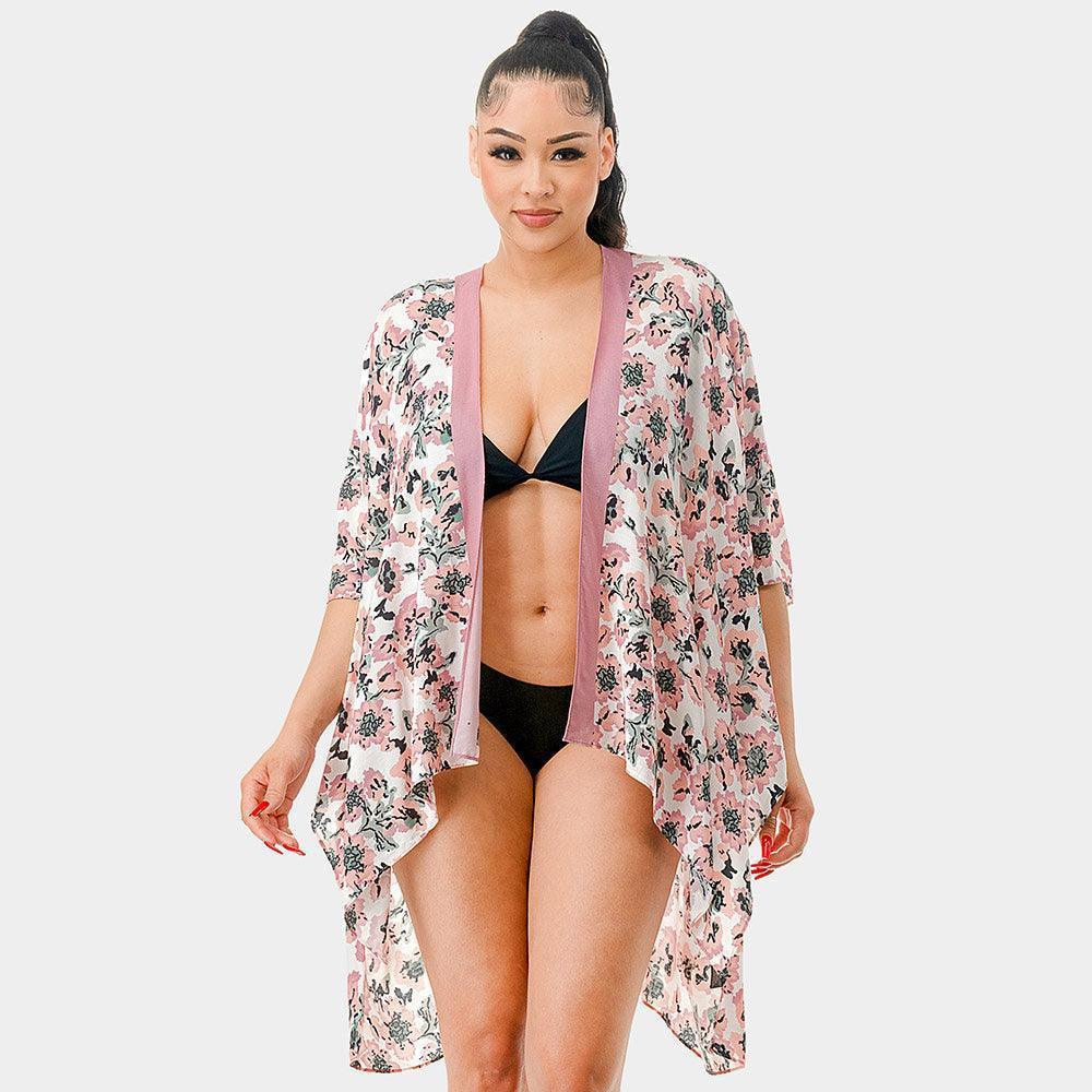 Pink Flower Print Kimono Poncho - Jewelry Store by Erik Rayo