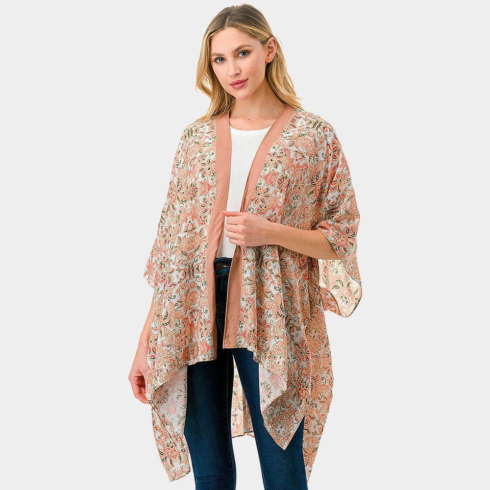 Peach Floral Damask Print Kimono Poncho - Jewelry Store by Erik Rayo