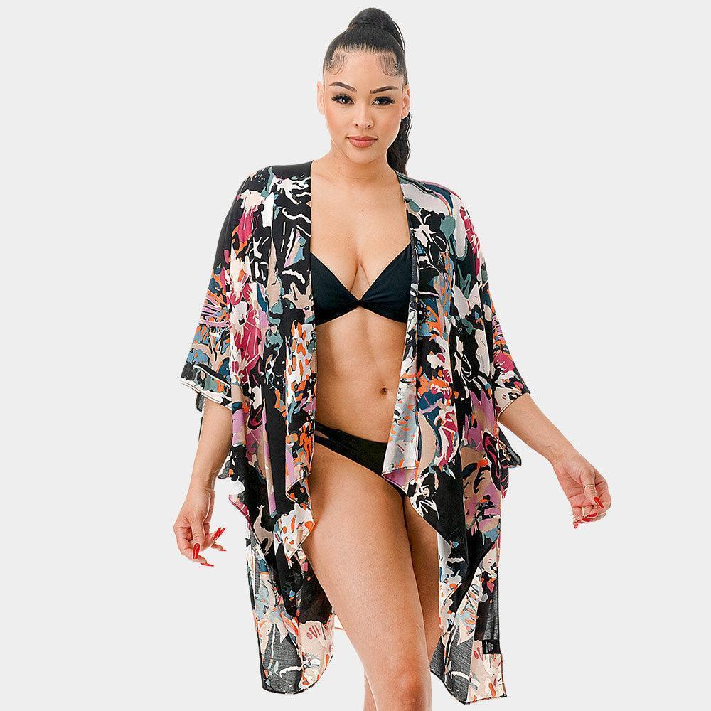 Black Abstract Splatter Print Kimono Poncho - Jewelry Store by Erik Rayo