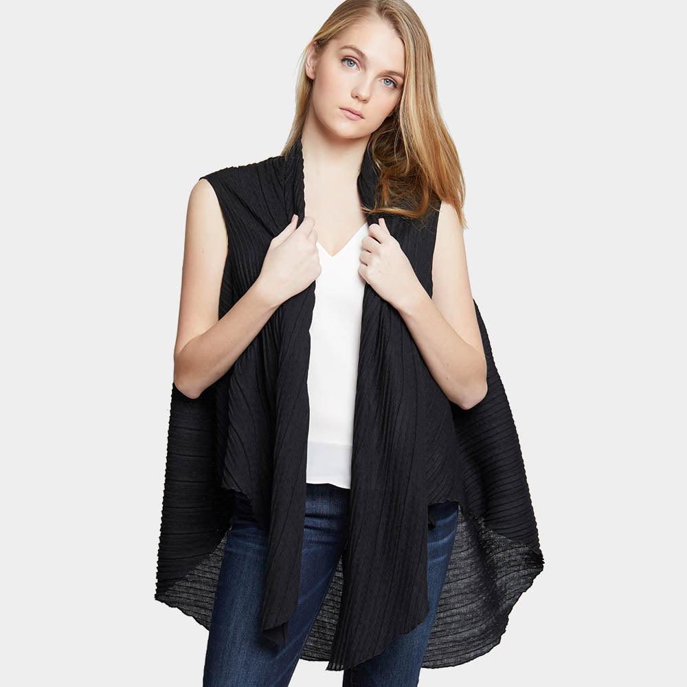 Black Solid Pleated Vest