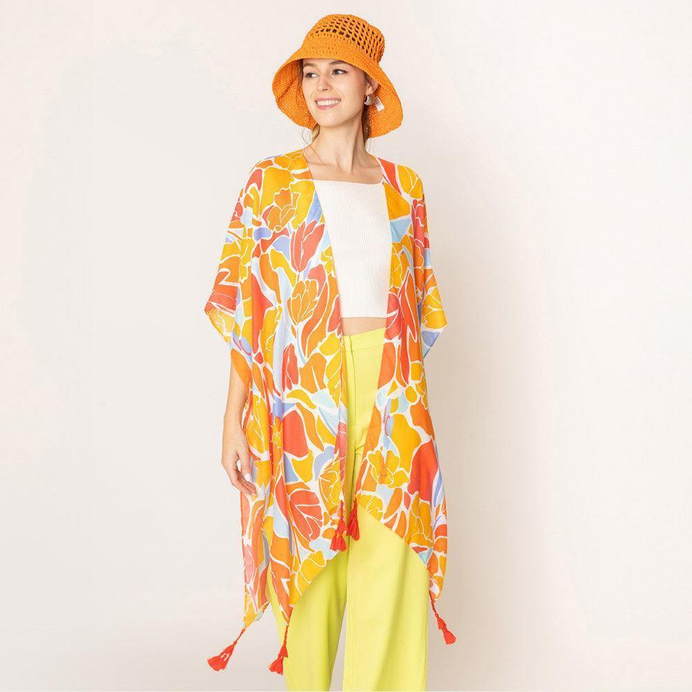 Orange Floral Print Kimono Poncho - Jewelry Store by Erik Rayo