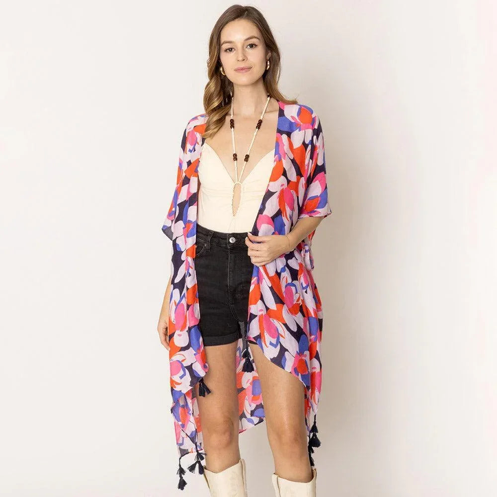 Black Floral Print Kimono Poncho - Jewelry Store by Erik Rayo