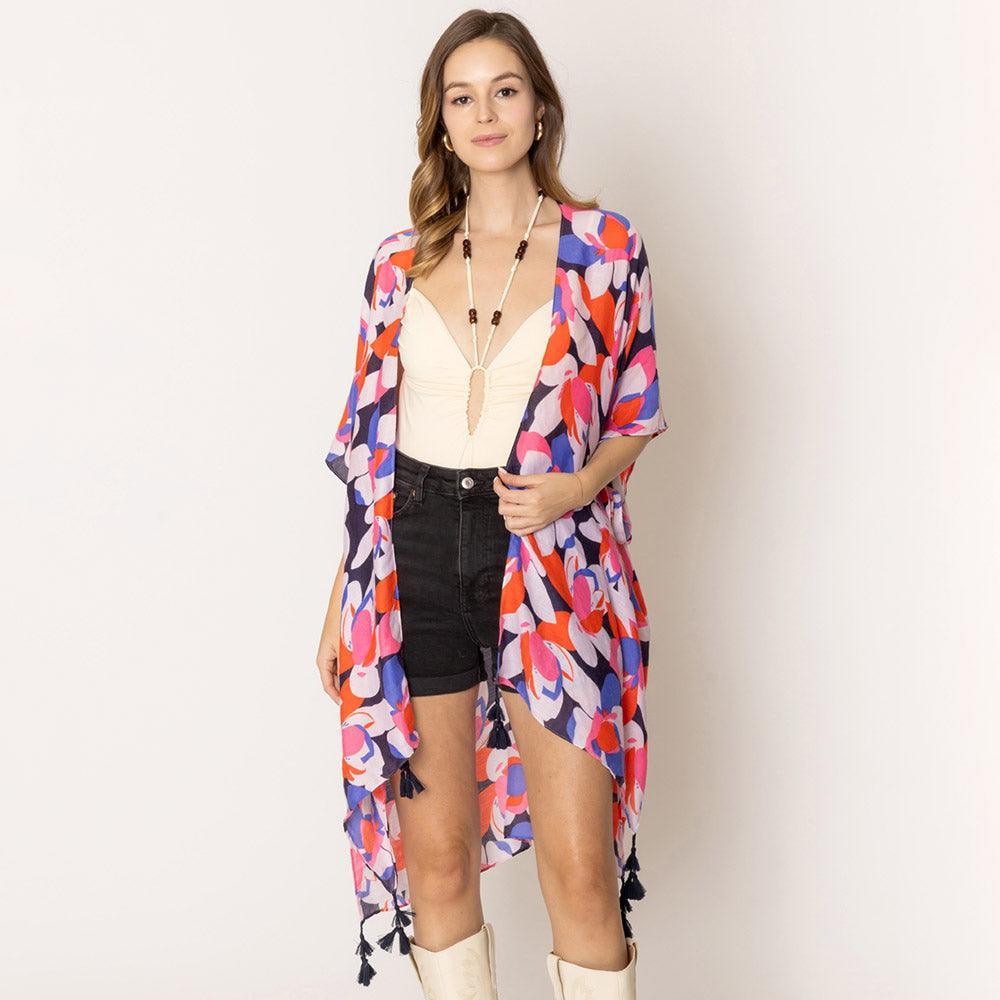 Black Floral Print Kimono Poncho