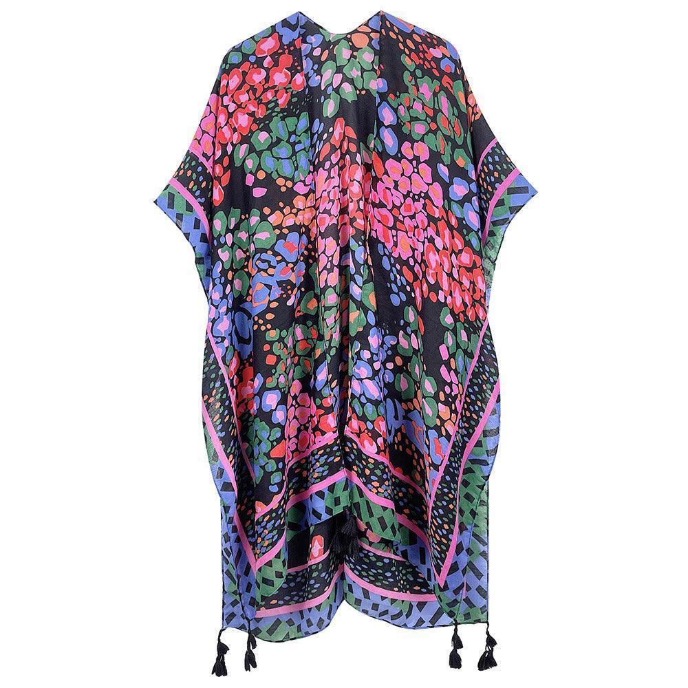 Black Floral Print Kimono Poncho - Jewelry Store by Erik Rayo
