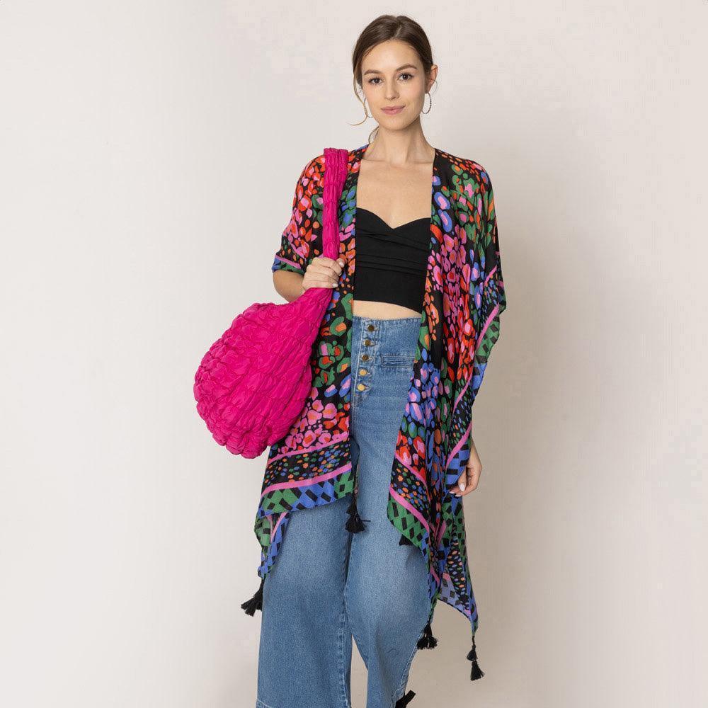 Black Floral Print Kimono Poncho - Jewelry Store by Erik Rayo