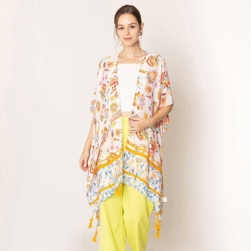 Ivory Floral Print Kimono Poncho - Jewelry Store by Erik Rayo