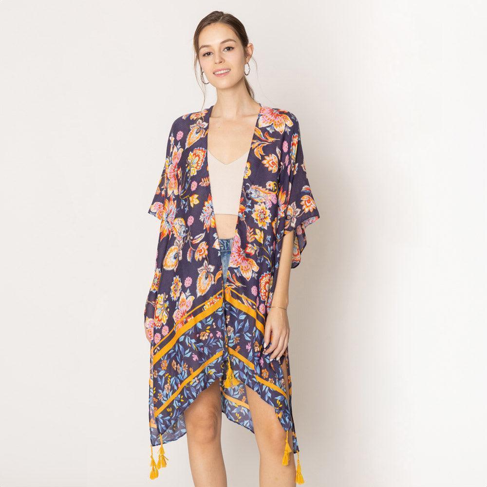 Navy Floral Print Kimono Poncho - Jewelry Store by Erik Rayo