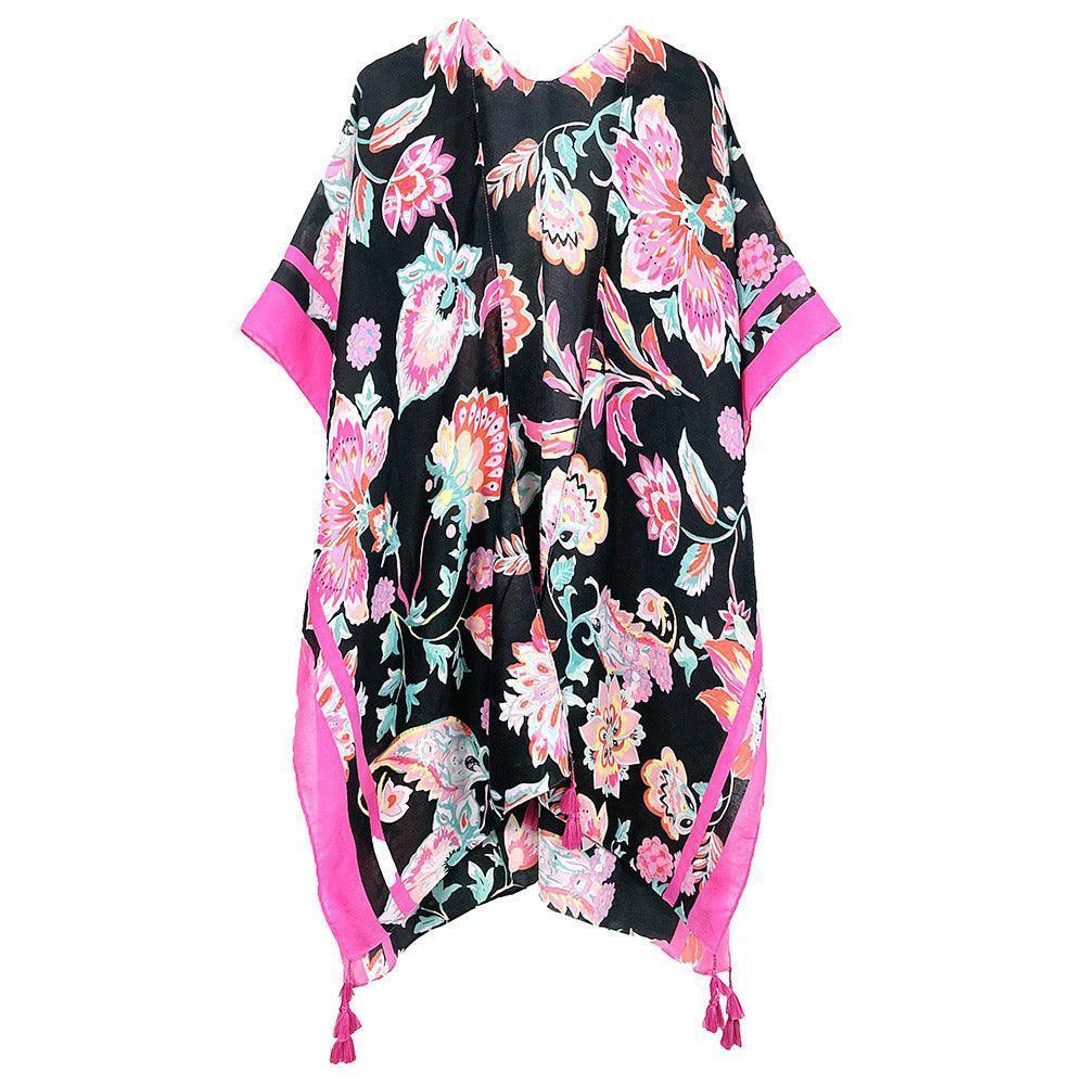 Black Floral Print Kimono Poncho - Jewelry Store by Erik Rayo