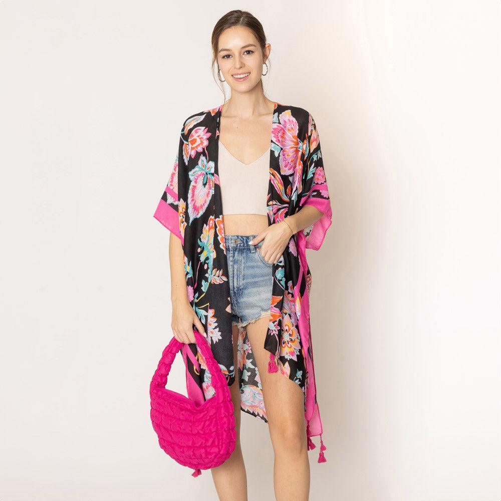 Black Floral Print Kimono Poncho - Jewelry Store by Erik Rayo