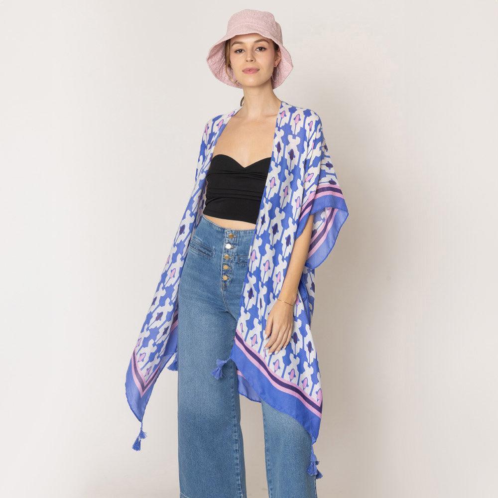 Blue Tile Print Kimono Poncho - Jewelry Store by Erik Rayo