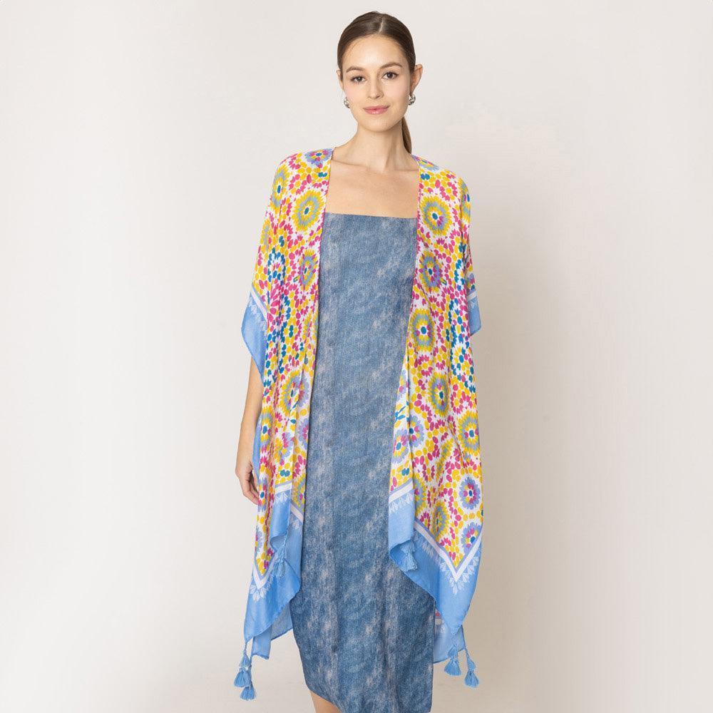 Blue Tile Print Kimono Poncho - Jewelry Store by Erik Rayo