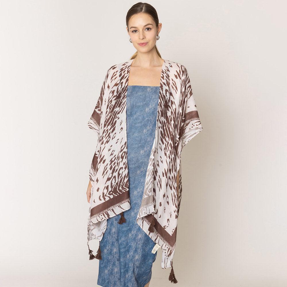 Brown Animal Print Kimono Poncho With Tassel - Jewelry Store by Erik Rayo
