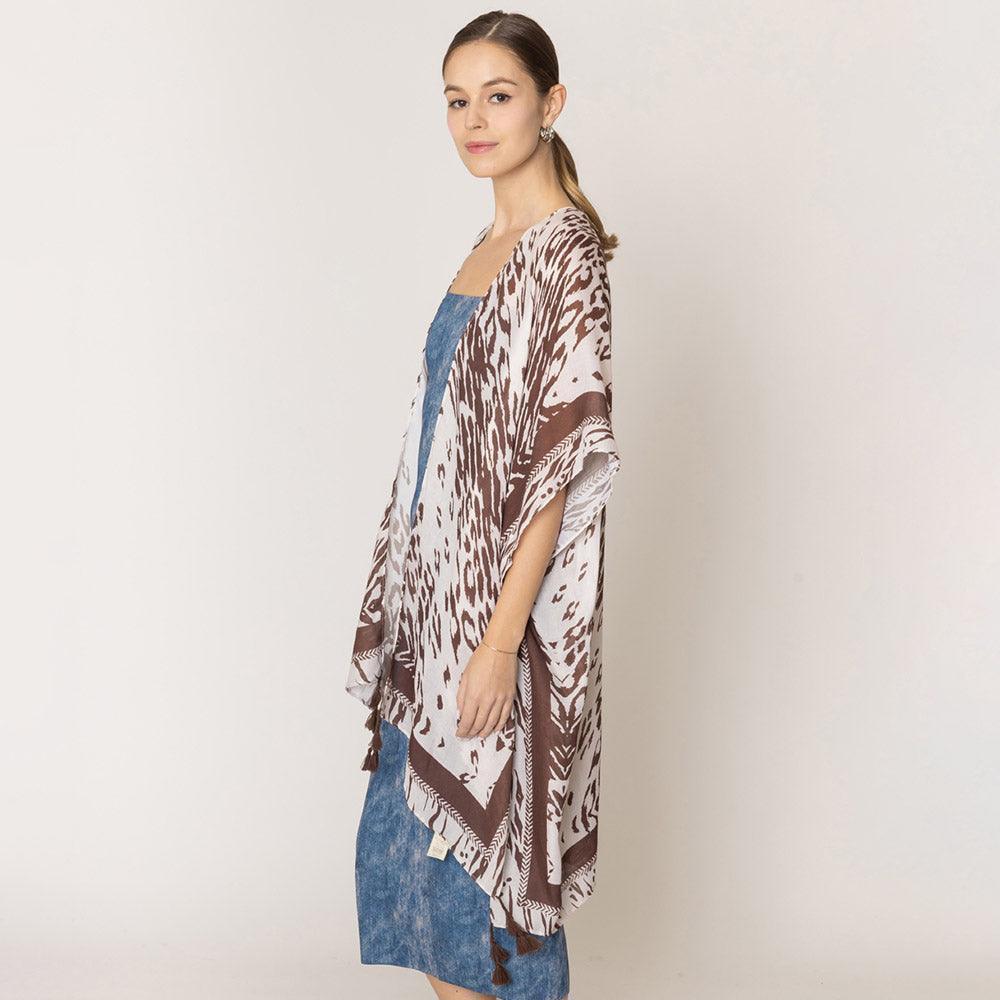 Brown Animal Print Kimono Poncho With Tassel - Jewelry Store by Erik Rayo