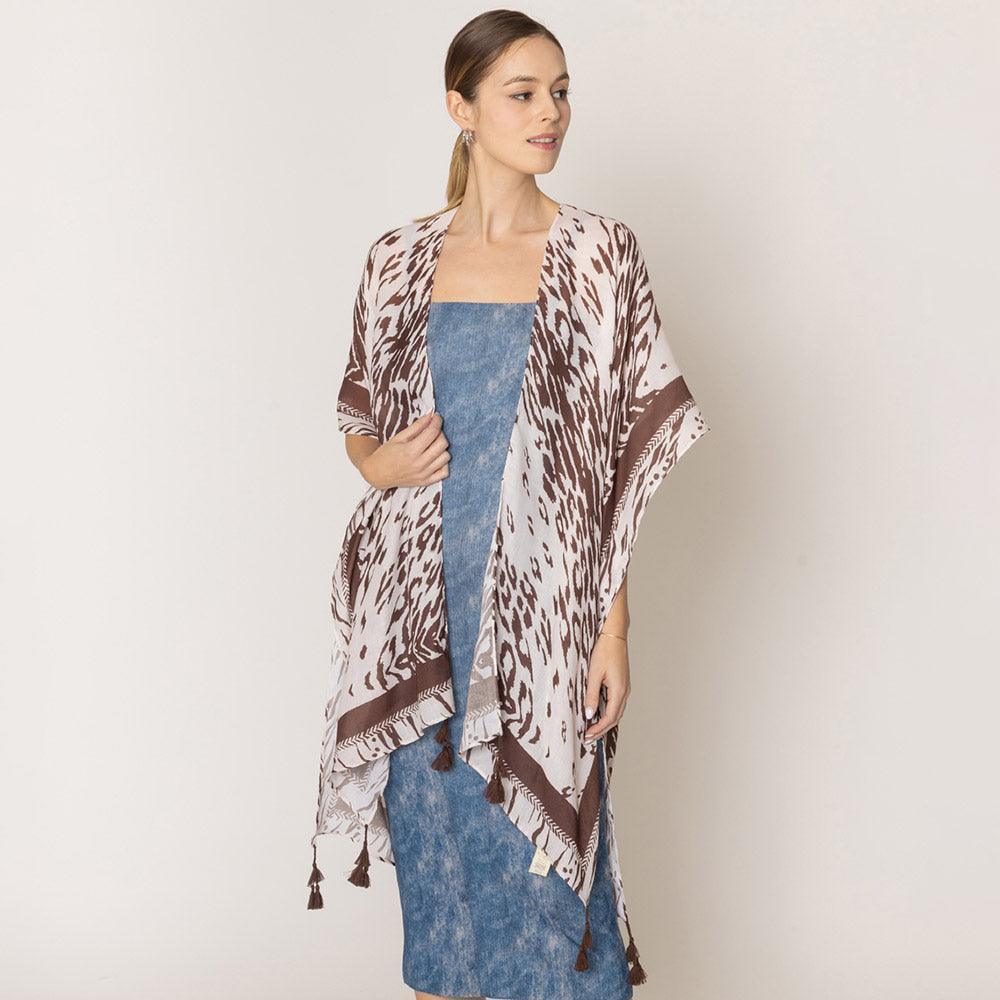 Brown Animal Print Kimono Poncho With Tassel - Jewelry Store by Erik Rayo
