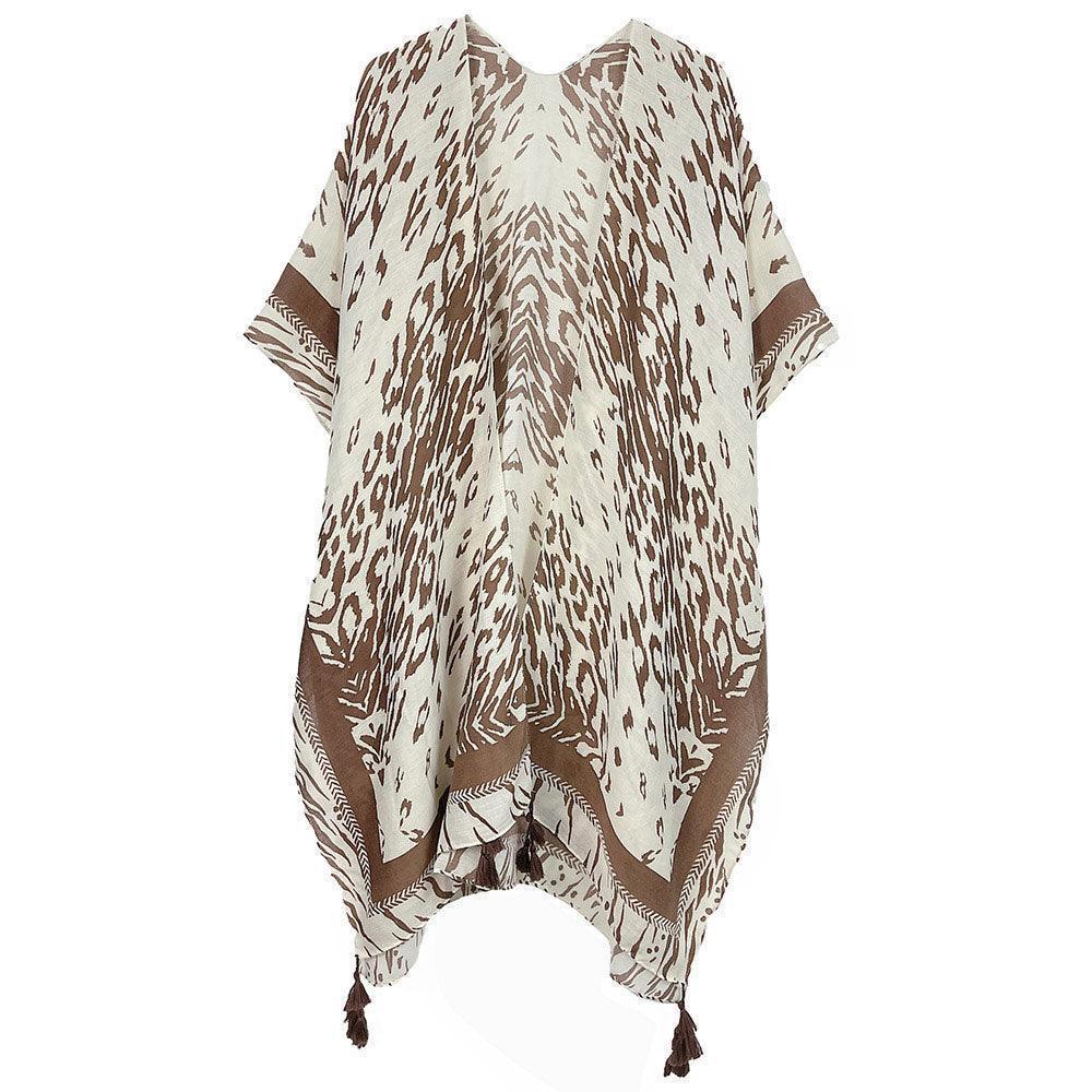 Brown Animal Print Kimono Poncho With Tassel - Jewelry Store by Erik Rayo