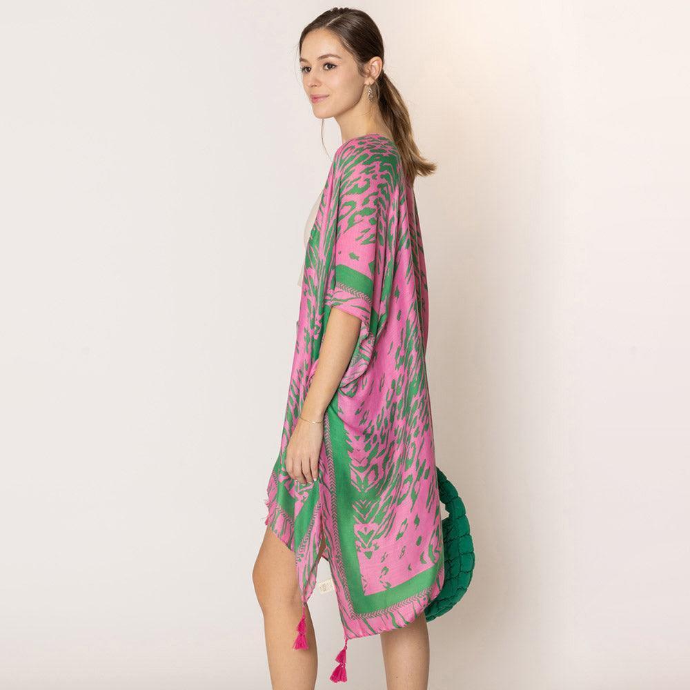 Pink Animal Print Kimono Poncho With Tassel - Jewelry Store by Erik Rayo
