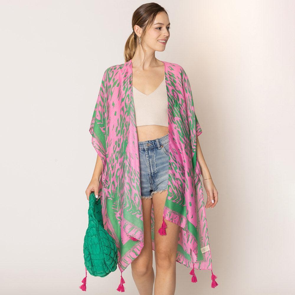 Pink Animal Print Kimono Poncho With Tassel - Jewelry Store by Erik Rayo