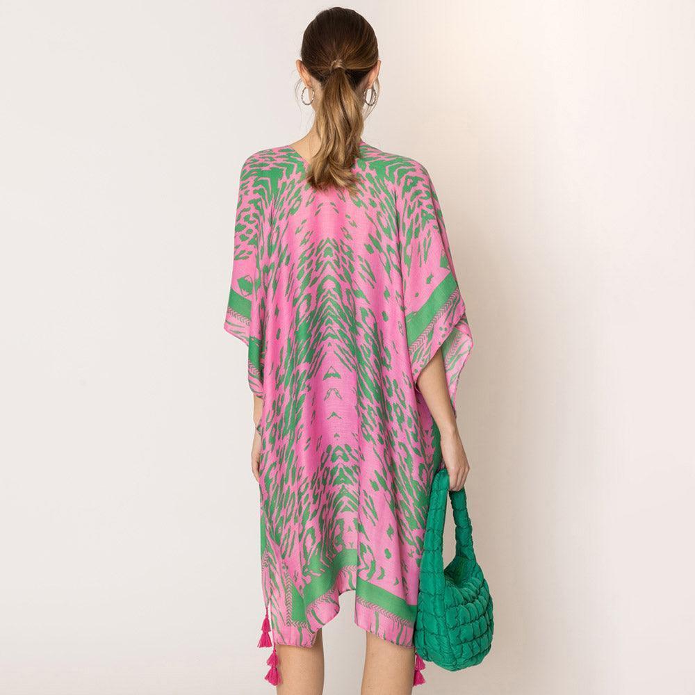 Pink Animal Print Kimono Poncho With Tassel - Jewelry Store by Erik Rayo